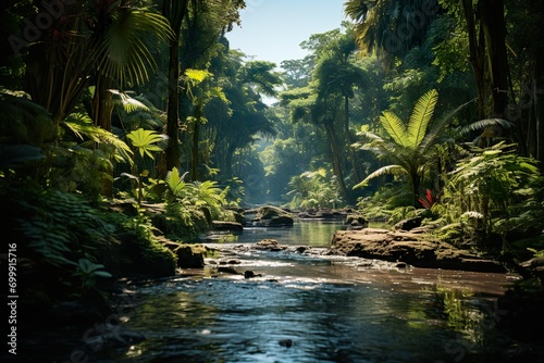 Exotic and beautiful natural scenery of water flowing in a dense forest