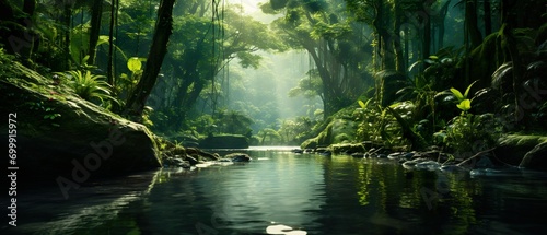 Exotic and beautiful natural scenery of water flowing in a dense forest © 일 박
