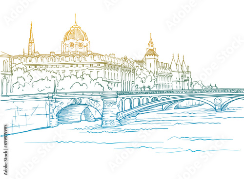 Nice view of ancient bridge in Paris. France. Hand drawn urban sketch. Colourful  urban illustration. White background.
