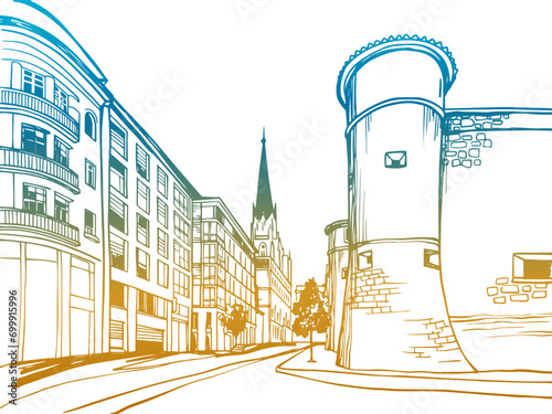 Nice view of ancient street in Paris. France. Hand drawn urban sketch. Colourful urban illustration. White background.	