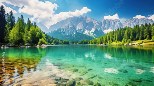 Colorful summer view of Fusine lake. Bright morning scene of Julian Alps