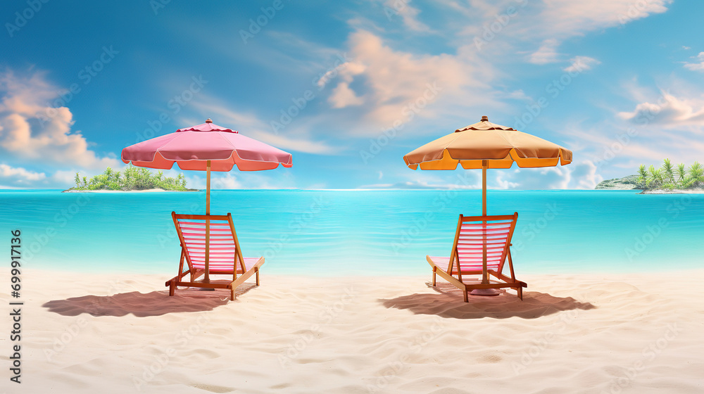 Tropical beach panorama with chairs and umbrellas