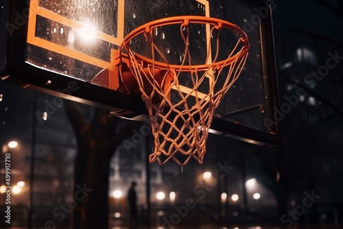 Street basketball ball falling into the hoop at night. Urban youth game. Close up of orange ball above the hoop net. Concept of success, scoring points and winning. Generative AI