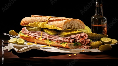 A realistic depiction of a Cuban sandwich, with a focus on the layers of ham, roasted pork, pickles, and mustard.