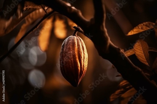 beautiful ripe cocoa bean fruit on tree with light glow from behind Generative Ai photo