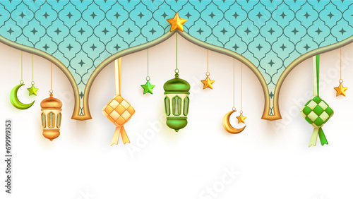 Islamic decoration background with ketupat, crescent, moon star and lantern Arabic style, 3D illustration