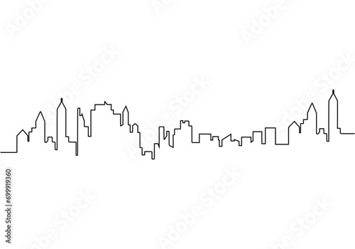 City silhouette in continuous line art drawing style. One single outline cityscape