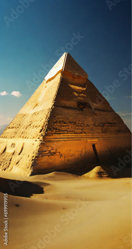 pyramids of giza. The head-on front of the Great Sphinx is seen backed by the largest of the Pyramids, Khafre, in Giza, Cairo, Egypt. photo