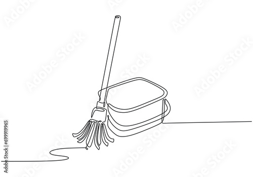 mop and bucket continuous line art drawing. Cleaning service concept.