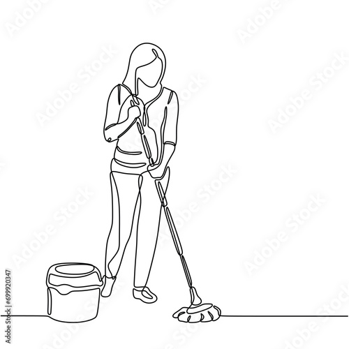Continuous line drawing of Cleaning service concept. Woman mopping floor with mop