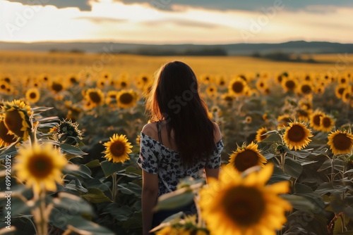 a woman standing in sunflower field