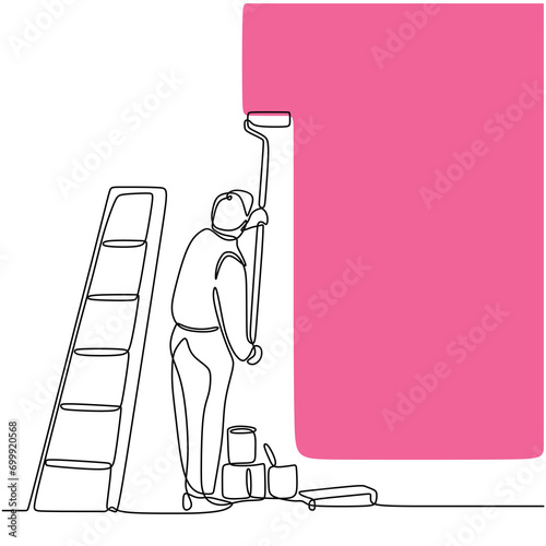 Painting wall one continuous line drawing. Person with paint roller brush