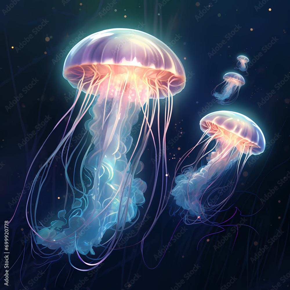 Bioluminescent jellyfish gracefully drifting in an underwater ballet.