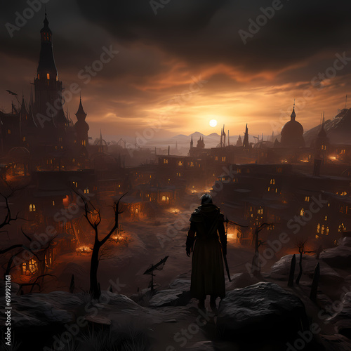 A lone wanderer exploring an ancient clockwork city at dusk.