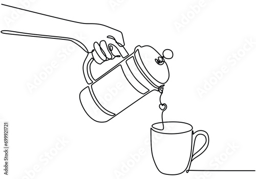 French press and coffee one line drawing. Continuous single outline