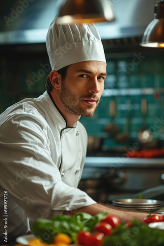 An attractive male chef, showcasing his culinary mastery and charisma