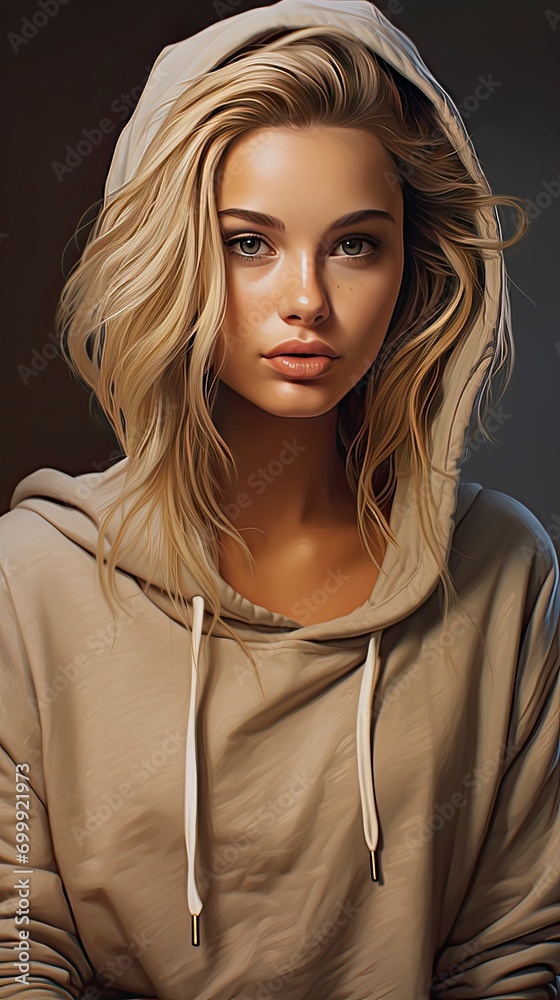 Photorealistic,Photo of a girl, blonde double buns hair style, deeply tanned, hoodie with generative ai