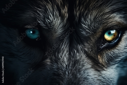 An aggressively staring wolf with two colored eyes close up.