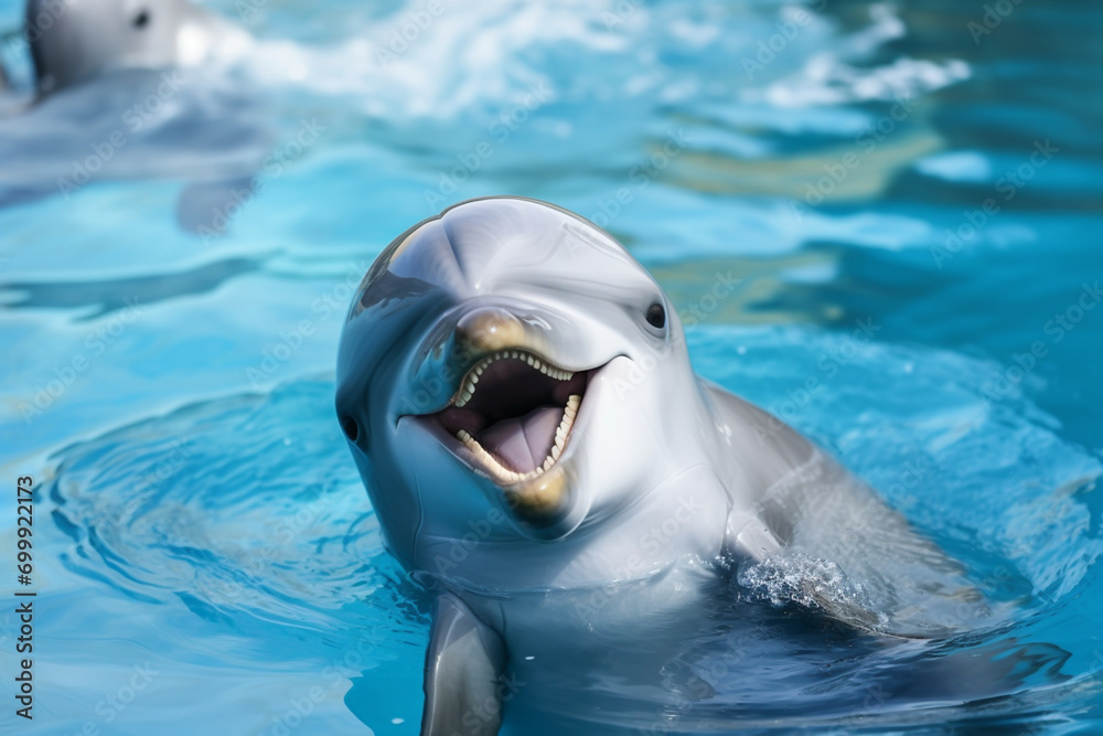 Obraz premium Dolphin swims in the pool Focused eyes, sunlight.