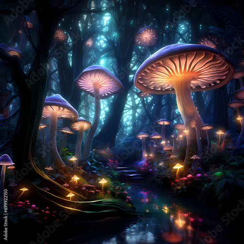 Enchanted forest with luminescent mushrooms and ethereal creatures.