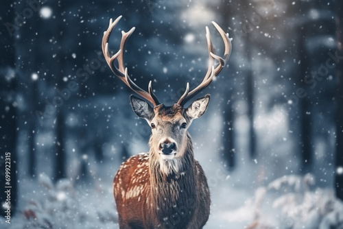 A male deer stands in the snow and soft sunlight. © DomekCreatives