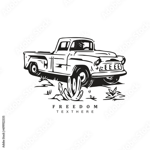 Vintage hand drawn old classic pickup truck logo design badge isolated on white background