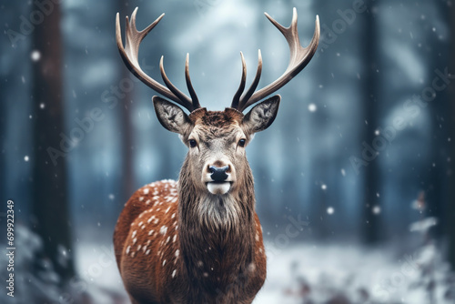 A male deer stands in white winter snow looking at the camera. © DomekCreatives