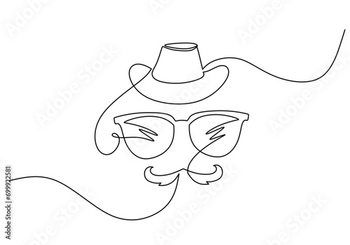 Fathers day continuous line art drawing. Mustache with hat glasses one single outline