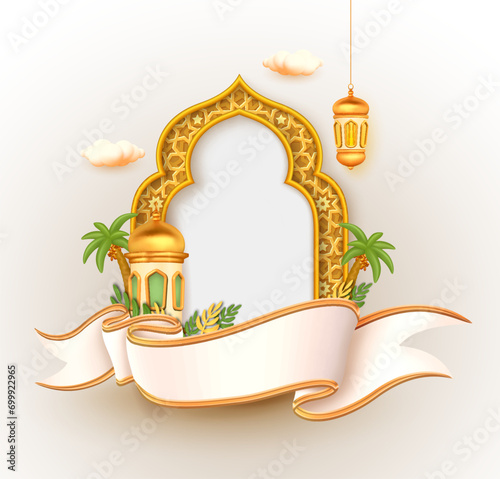 3d vector mosque dome, frame pattern, lanterns and palm trees united by ribbon as beautiful decoration for ramadan and eid al adha
