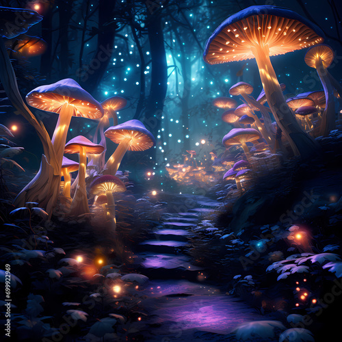 A surreal forest scene with glowing mushrooms and mystical creatures.