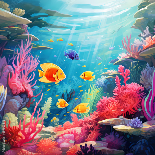 School of colorful fish swimming through an underwater garden of coral. © Cao