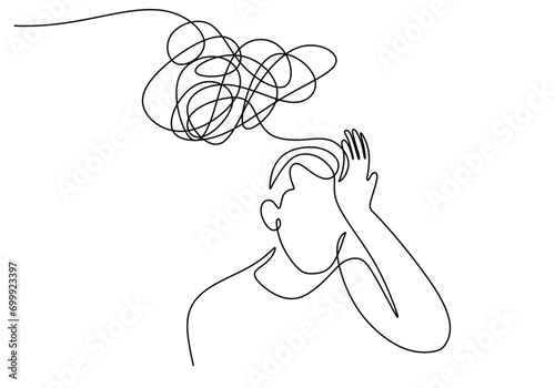 Head with confused think. Continuous one line drawing. People Mental health issue concept