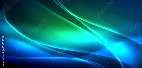 Dynamic waves in ethereal glow of neon lights. Concept merges fluidity of motion with vibrant allure of neon, crafting entrancing backdrop that embodies both vitality and futuristic sophistication