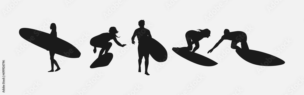 silhouette of several surfer isolated on white background. different action, pose. sport, surfing, hobby, summer theme. vector illustration.