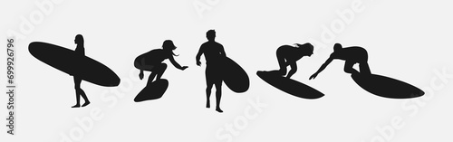 silhouette of several surfer isolated on white background. different action, pose. sport, surfing, hobby, summer theme. vector illustration.