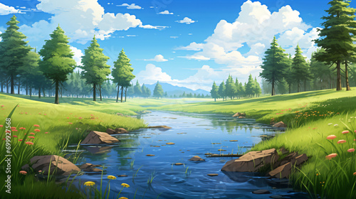 Fototapeta Naklejka Na Ścianę i Meble -  Spring forest river scene illustration, Beginning of Spring outdoor natural scene illustration