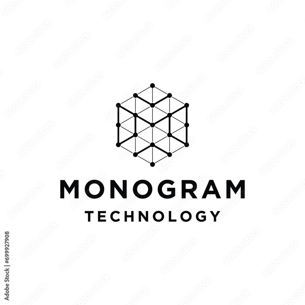 Naklejka premium Initial Letter M Hexagon with Digital Wire Line Dotted Diagram For Modern Futuristic Technology Logo design.