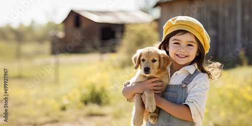 Little girl carrying golden retreiver puppy on a farm copy space photo