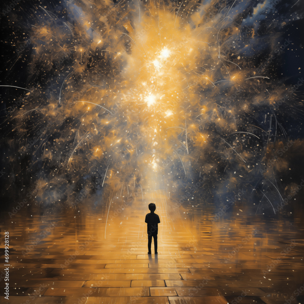 A Kid looking to the sky, glitter with sparklers, in the style of blurred, dreamlike atmosphere