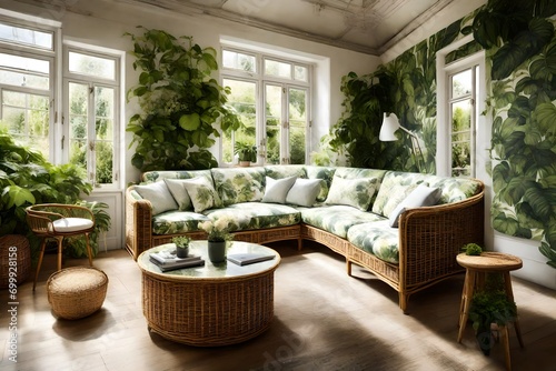 a sunny conservatory with a botanical print sofa  a wicker coffee table  and a lush greenery wall.