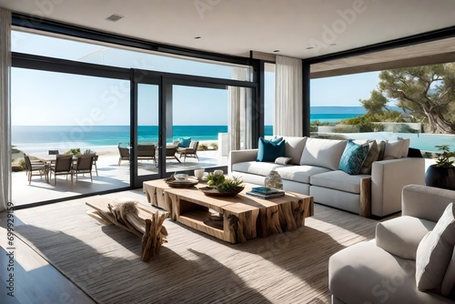 a beachy living room with a coastal-themed decor, a driftwood coffee table, and a sliding glass door leading to the oceanfront patio. 