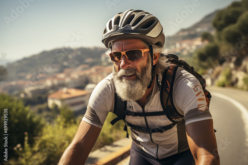 Senior man riding bicycle in quiet city