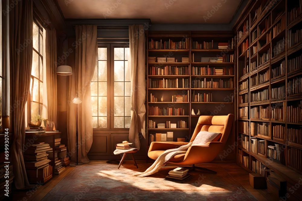 A sunlit reading nook with a solitary armchair and a floor-to-ceiling bookshelf, adorned with warm-hued books and soft blankets, casting a cozy ambiance. - obrazy, fototapety, plakaty 