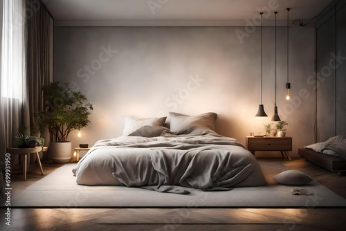 A tranquil bedroom with a low bed, minimalist wall decor, and soft, diffused lighting, creating a peaceful and restful atmosphere for a good night's sleep.