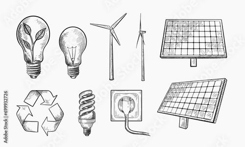 Alternative eco and renewable energy sources. Vector hand drawn sketch illustrations. Wind generator and solar battery symbol isolated on white background.