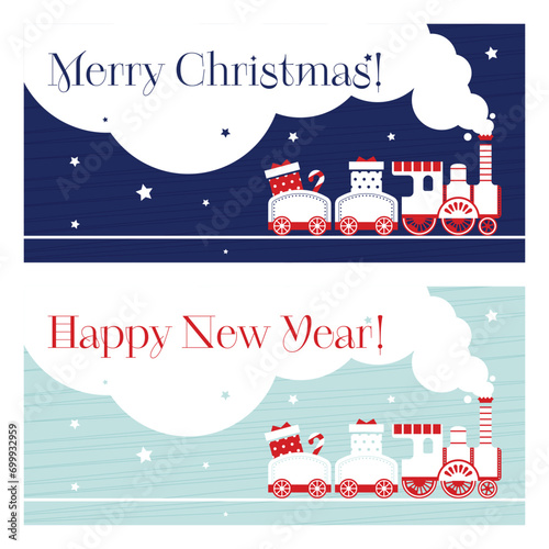 Two Christmas cards with vintage toy locomotives carrying gifts