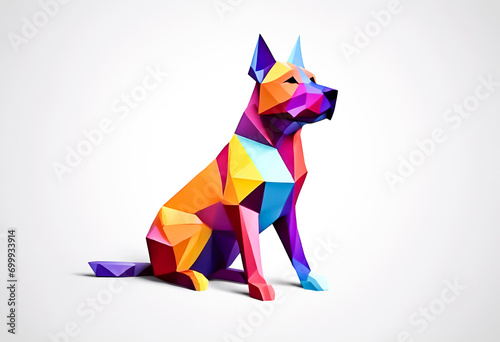 A multi-colored dog folded from paper is on a white background  Japanese art origami. Sweet toy  object of art.