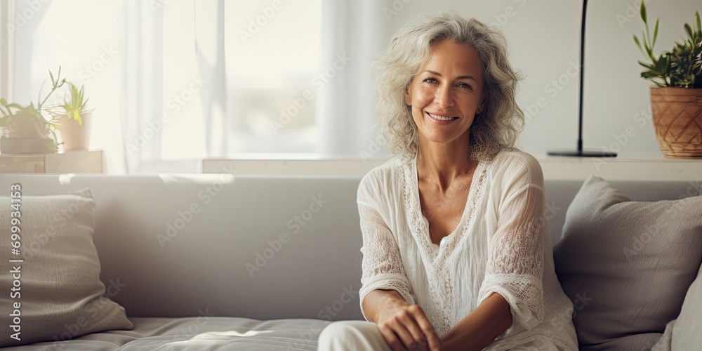 Smiling middle aged woman sitting on sofa at home, mature single senior woman in living room, brightly lit full length copy space - obrazy, fototapety, plakaty 