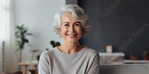 Happy beautiful relaxed mature older adult grey-haired woman drinking coffee relaxing on sofa at home. Smiling stylish middle aged 60s lady enjoying resting sitting on couch