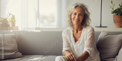 Smiling middle aged woman sitting on sofa at home, mature single senior woman in living room, brightly lit full length copy space